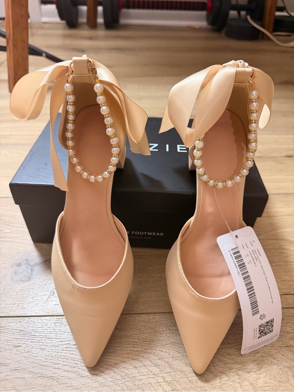 Azazie Pearl-Ankle Satin Pumps in Nude Blush